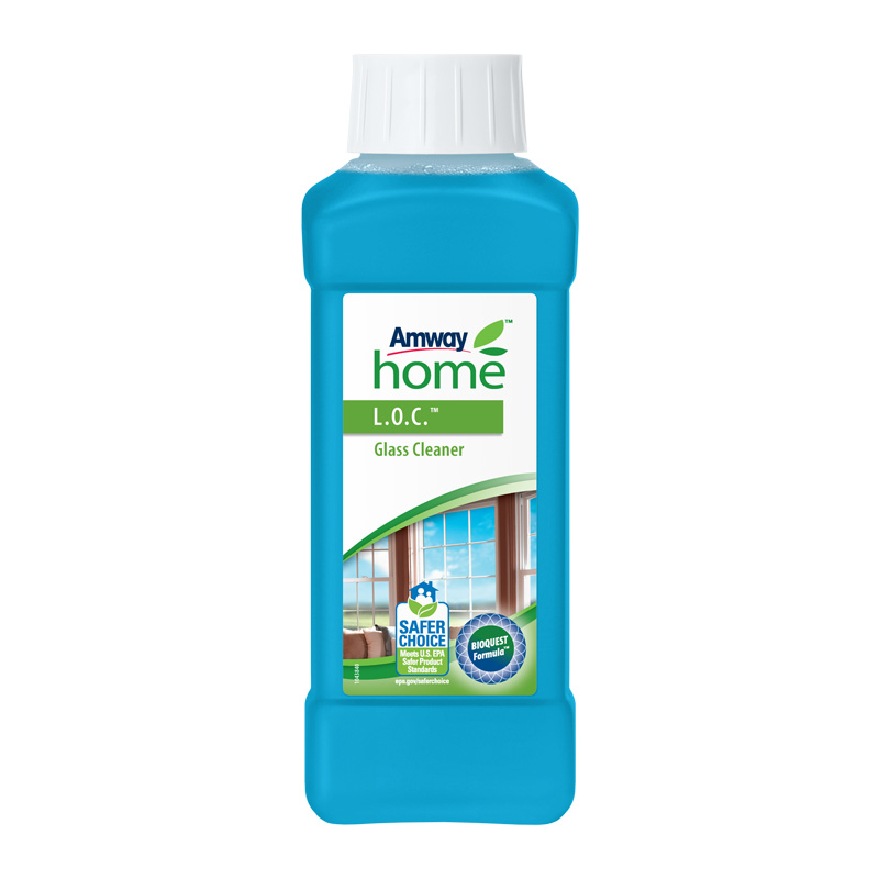 Amway Home L.O.C. stiklo valymo skystis, efektyviai pašalinantis riebalus ir nešvarumus.
