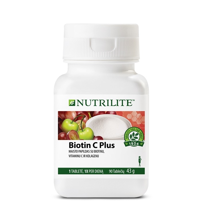 Maisto papildas Nutrilite™ Biotin C Plius, turintis biotino ir vitamino C, palaiko plaukų ir odos sveikatą.