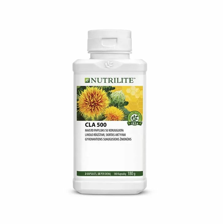 Nutrilite CLA 500 maisto papildas su konjuguota linolo rūgštimi, gaunama iš dygminų aliejaus.