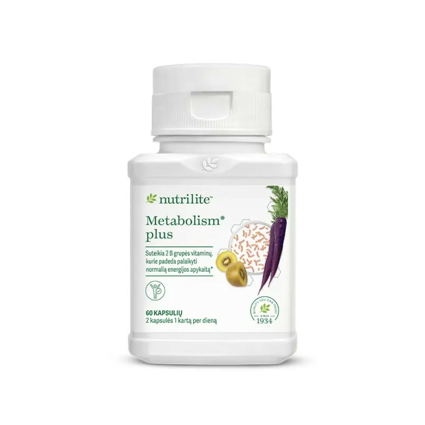 Nutrilite™ Metabolism* plus kapsulės, turinčios vitaminų B2 ir B5, padedančių palaikyti energinę medžiagų apykaitą.