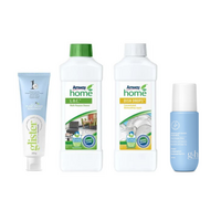 Amway produktų rinkinys, įskaitant namų priežiūros ir asmeninės higienos sprendimus.
